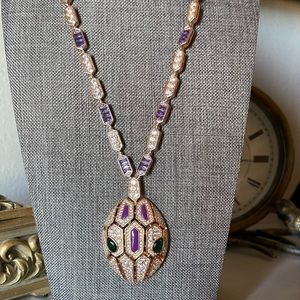 18K Rose Gold  Fashion Jewelry  Designer Inspired Diamond Snake Pendent Necklace